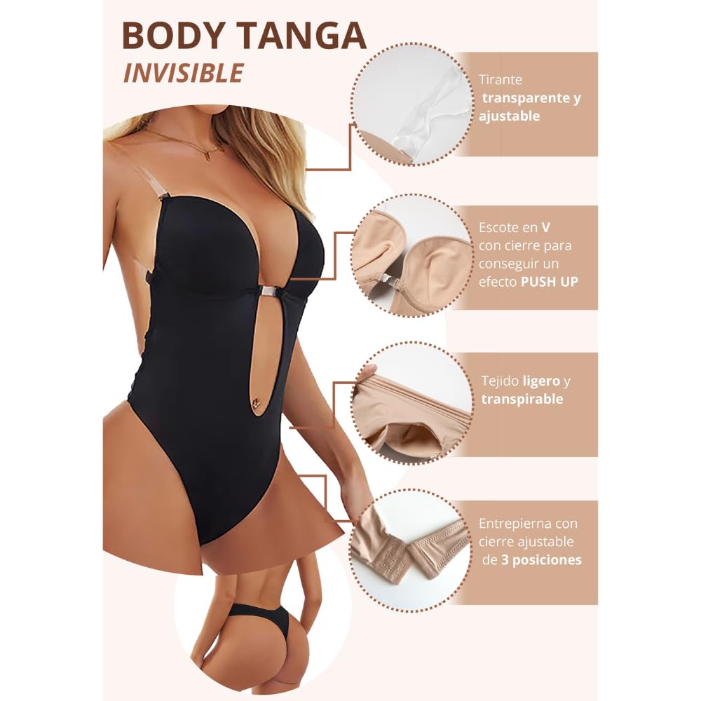 Body Tanga espalda descubierta, Sujetador, Lencería mujer moldeadora, sexy y ajustable.