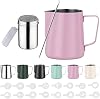 600 ml Stainless Steel Milk Jug, Barista Milk Jug with Measurement Mark 24 oz, Milk Foam Jug with Cocoa Shaker, 16 Latte Art Stencils & Pen for Cappuccino and Espresso, Rose Red