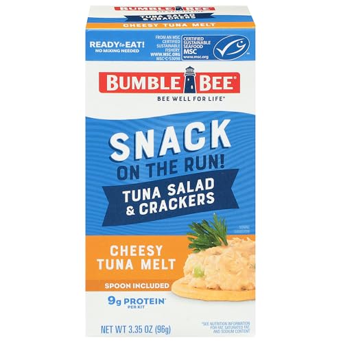 Image of Bumble Bee Snack On The Run! Cheesy Melt Tuna Salad Kit | Ready to Eat Easy-Open Canned Tuna Salad with Crackers Snack Pack, 9g Protein per Box, Wild Caught MSC Certified Tuna