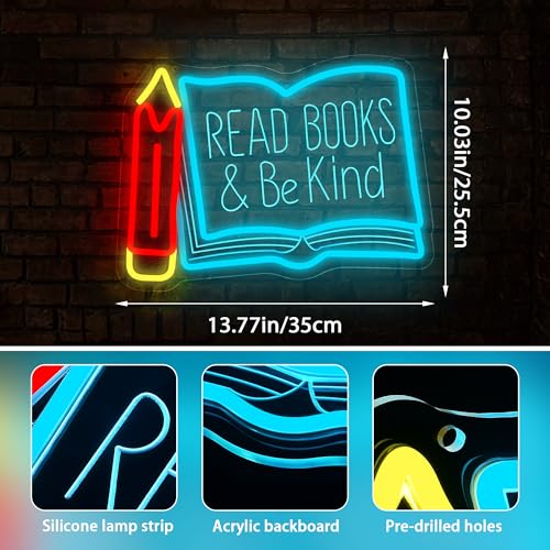 Image of Read Books Be Kind Neon Sign for Wall Decor Reading Neon Light Study Room | Dimmable Led Neon,Teen Birthday Reading Gifts,5V USB Powered,Bookstore Bedroom Decor, Classroom Library Wall Art,13.7*10in