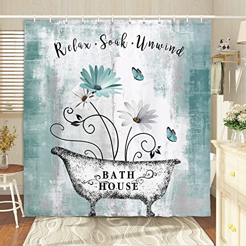 Rustic Floral Shower Curtain Teal Turquoise Decor, Daisy Flowers Butterfly Shower Curtain Bathroom Rules Inspirational Quotes Shower Curtain Rustic Farmhouse Curtain Accessories With Hooks 70X70In #TOP3