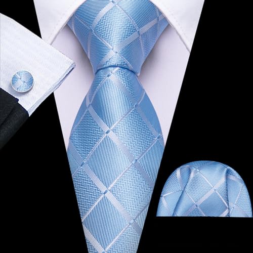 Image of Barry.Wang Plaid Ties for Men Silk Necktie Handkerchief Cuff Links Set