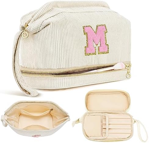 Travel Makeup Bag, Personalized Large Double Layer Make Up Gift Cosmetic Bag for Women, Initials Wide-open Makeup Pouch Organizer Bag for Girls, Roomy Makeup Travel Bags – M