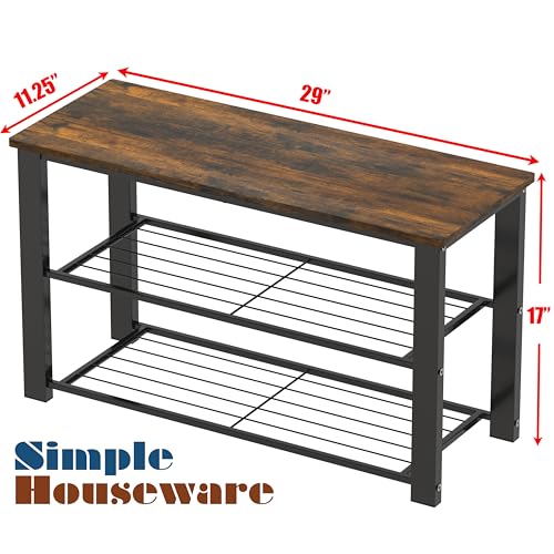 Image of Simple Houseware Wood Top Shoe Storage Bench for Entryway, Rustic Brown