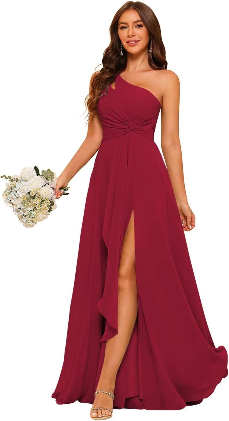 Women's One Shoulder Bridesmaid Dress with Slit 2026 Pleated A Line Chiffon Formal Party Dresses KH022