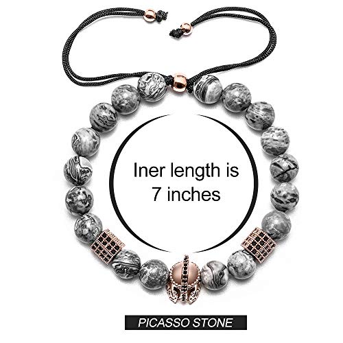 M Mooham Natural Stone Bead Bracelets - Natural Maps Stone Picasso Stone Beads Bracelet, Men Women Stress Relief Yoga Beads Elastic Semi-Precious Stone Bracelet Knight Head Charm Bangle #TOP2