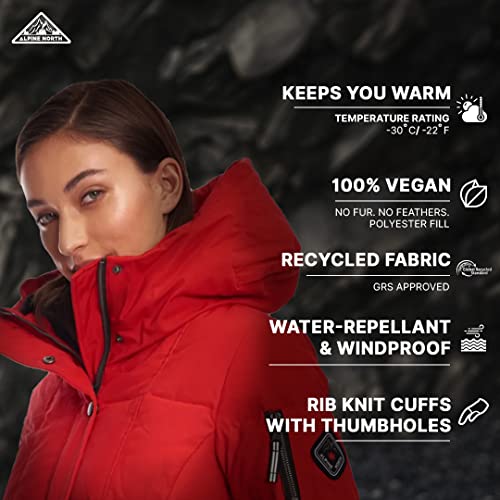 Alpine North Women's Vegan Down Mid-Length Parka Coat, Crimson, X-Large #TOP5