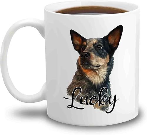 Taza blanca personalizada de perro Heeler de 11 15 onzas, taza de café para perro, regalo para mamá, papá, hijo, hija, amigos, taza azul