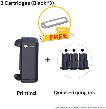 طابعة Evebot Printind المحمولة على جميع الأسطح، أحبار سريعة الجفاف، حبر دائم، طابعة نفث الحبر الصناعية المحمولة المحمولة، شعارات، ملصق، رمز الاستجابة السريعة، طابعة الباركود (3 خرطوشة سوداء)