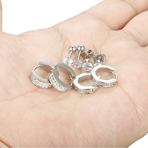 Sailimue 4 Pairs Stainless Steel Men Earrings for Women Stud Earrings Hoop Huggie Piercing 18G