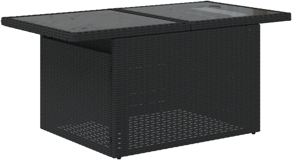 Black Garden Coffee Table with Tempered Glass Top, Adjustable Height Outdoor Table in Poly Rattan and Powder-Coated Steel, Rectangular Patio Furniture for Patio or Garden Use