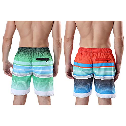 Milankerr Men's Swim Trunks Stripes(2Pcs Pack) (Lime Green-Red Stripe, S(Waist 28"-30")) #TOP1
