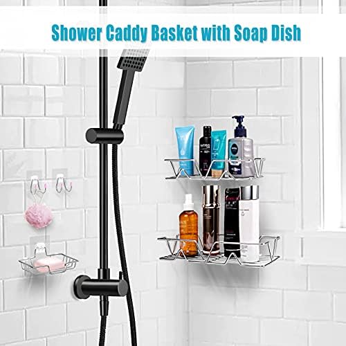 CGBE Shower Caddy Basket with Soap Dish Holder Shelf Adhesive Hooks for Shampoo Conditioner Bathroom Kitchen Storage Organizer Stainless Steel Adhesive No Drilling (5 Packs)