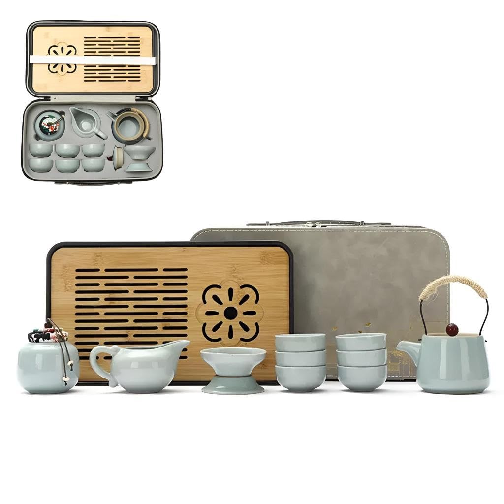 Hochwertiges Keramik Gongfu-Teeservice - 13-teiliges Tragbares Tee Set Für Erwachsene,mit Grauem Lederetui,perfekt Für Zuhause,Outdoor Und Geschäft,Chinesisches Porzellan-Teeservice