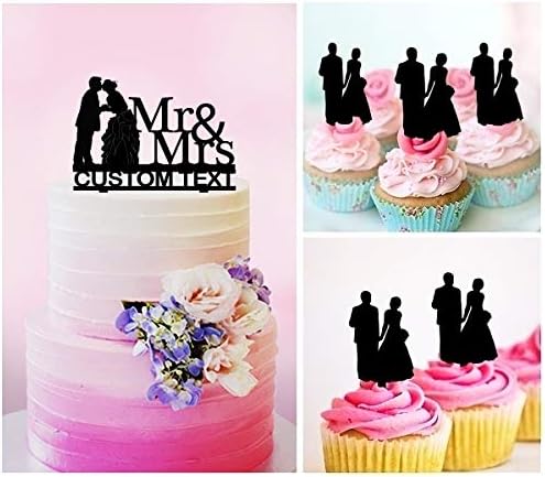 TC0070 Mr and Mrs Marry Bride and Groom Party Wedding Birthday Acrylic Cake Topper Cupcake Toppers Decor Set 11 pcs with Personalized Your Name