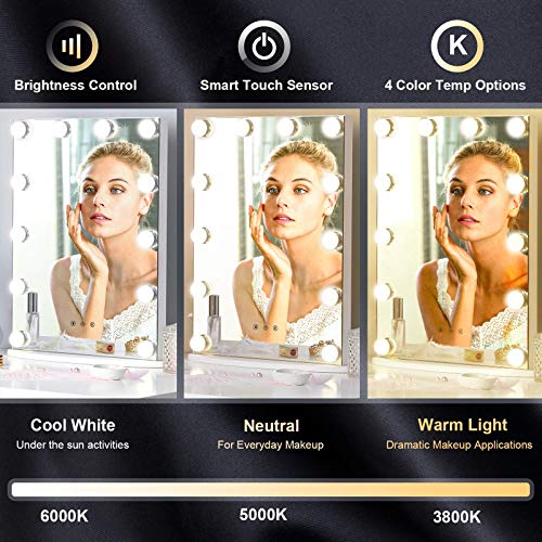 Luxfurni Vanity Tabletop Hollywood Makeup Mirror W/Usb-Powered Dimmable Light, Touch Control, 12 Day/Warm Led Light (16Wx20L, White) #TOP4