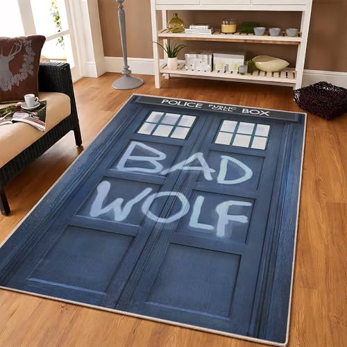 Homyra Doctor Who Tardis Police Box Area Rug for Living Room BeDoctoroom, 2.6x4 FT, Theater Themed Carpet, Retro Movie Room Blue Floor Decor, Nostalgic TV Series Bad Wolf Rug, Flat Surface