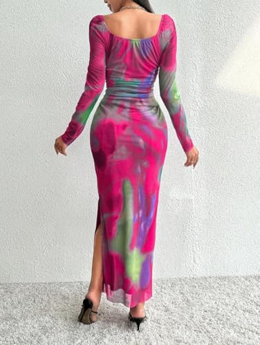 Image of LIGHT DOT Women's Printed Off Shoulder Maxi Dress Long Sleeve Bodycon Ruched Mesh Cocktail Dress
