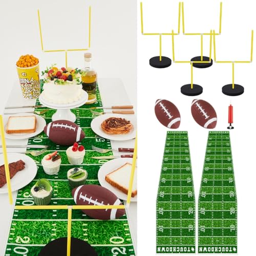 WinnerWhy 9 Pcs Football Party Goal Post Decoration Kit Includes 4 Football Field Goal Post 2 Football Court Table Runner 2 Mini Football 1 Pump for Football Theme Birthday Party Supplies by WinnerWhy - Used condition - US$21.14