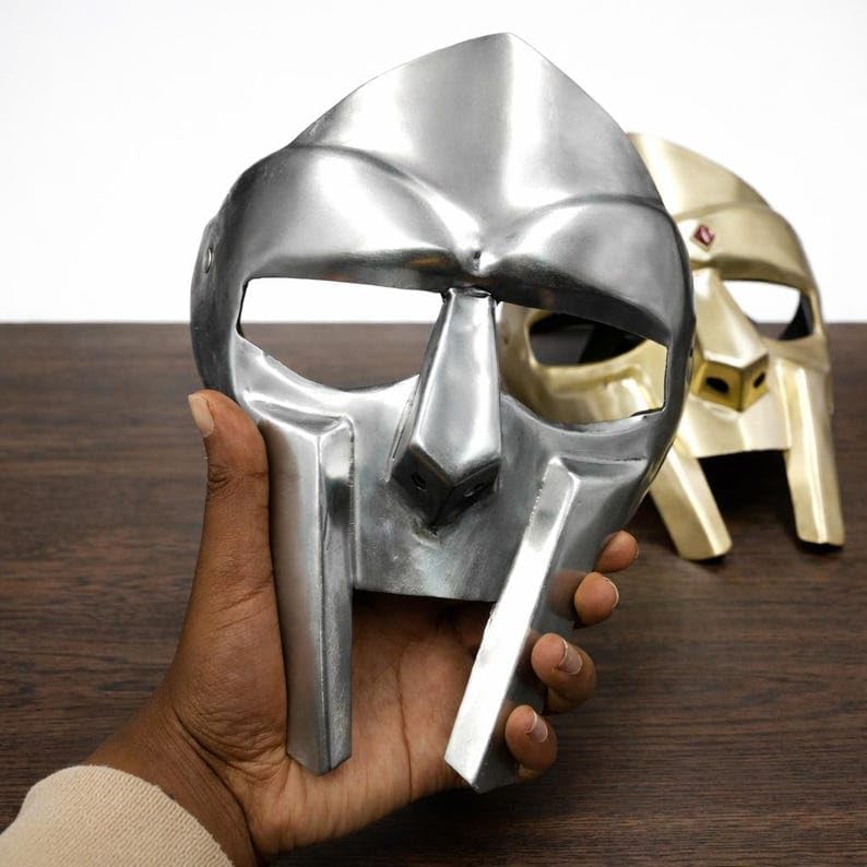 Handcrafted Warrior Style Decorative Metal Mask | Antique Finish Gladiator Face Mask with Silver & Gold Tone | Hip Hop Inspired MF Doom Replica for Home Decor, Collectors & Display
