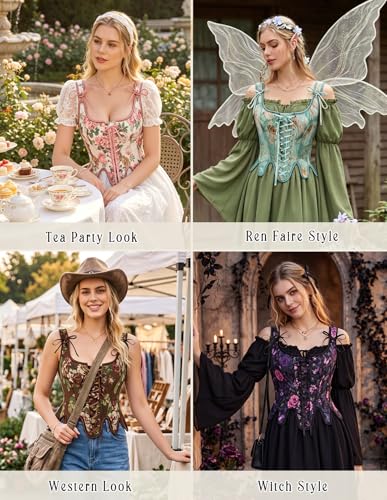 Image of Scarlet Darkness Corset Tops for Women Floral Renaissance Bustier Bodice | Ideal for Halloween, Ren Faire, Theme Party; Overbust, Adjustable Straps, Lace Up, Irregular Hem, Zip Closure, Hand Wash