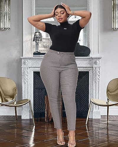 Allegrace Women Pants Plus Size Causal Dressy High Waist Skinny Capris For Work Brown & Black Plaid 18W #TOP1