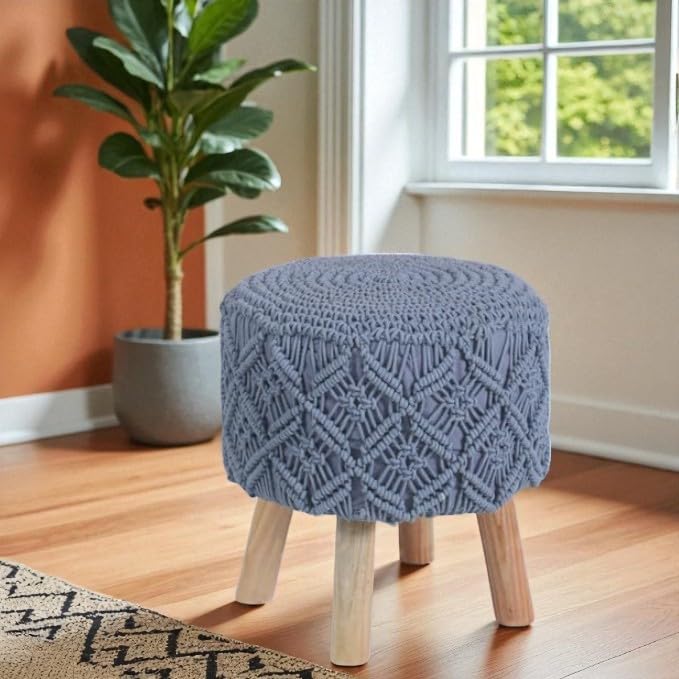 Image of Ottoman Foot Rest Puffy, Cotton Dori Ottoman for Home Decor, Solid Wood Legs Dressing Stool, Footstool Puffy for Living Room & Office Room | 16x17 Inch, Set of 2, Macrame Yellow-Dark Grey