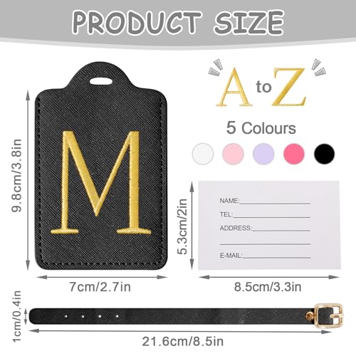 Image of Personalized Initial Luggage Tags for Suitcases, Cute PU Leather Embroidered Letter Travel Luggage Tags, Suitcase Identifier Name Baggage Tag, Bag Tags for Men Women Kids Luggage Handbags(Black M)