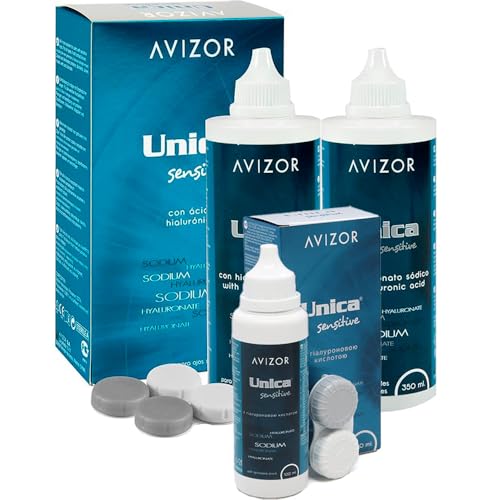 Avízor Unica Sensitive - Pack 2x350ml + 100ml | Solución Unica con Ácido Hialurónico - Limpieza y Desinfección Profunda para todo tipo de Lentes de Contacto - Especial Ojos Sensibles - Kit de Viajes