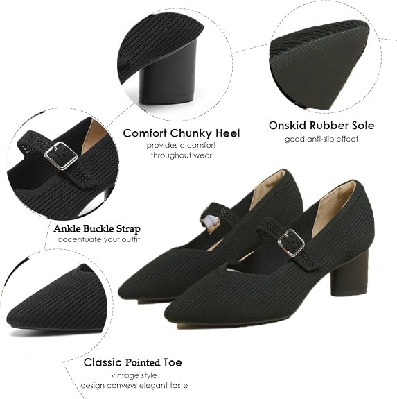 Women Knit Pointed Toe Chunky Heel Mary Jane Dress Shoes for Women Mesh Softable Comfort Low Block Heels Ankle Buckle Strap Work Mary Jane Pumps3