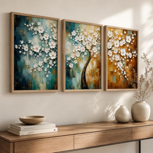 Image of Livin'luxe Set of 3 White Blossom Tree Wall Paintings for Living Room Bedroom Hallway Decor with Premium Wooden Color Synthetic Frame (25.5 x 19.5 Inch) NM03-94
