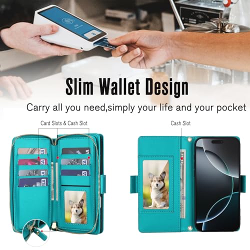 Étui portefeuille iPhone 16 Pro vert anti-RFID avec fermeture éclair - 3