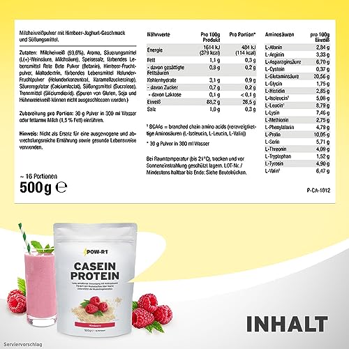 Foto von Premium Casein Protein Pulver von POW-R1® im 500g Beutel, 16 Portionen, Geschmack Himbeere, langsame Proteinzufuhr und Freisetzung, unterstützt Muskelaufbau und Muskelregeneration