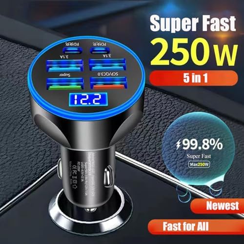 Super Fast Charge USB C Car Phone Charger Adapter 6 in 1 with Voltage Display 250W Multi Port Cigarette Lighter USB Charge for iPhone 16 15 14 13 12 11 Samsung Galaxy Huawei Oneplus Oppo Vivo - 2
