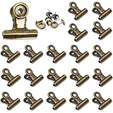 YUCHIYA 20 Pack Metal Clips with 20 Push-pins for Corkboard,Bulldog Clips for Hanging Pictures,Small Hinge Clips for Crafts,Mini Binder Clips Paper File Clamps for Office School(Bronze,1.2inch)