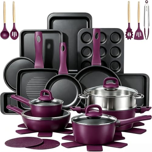 Pots and Pans Set Nonstick Umite Chef 31-Piece Induction Cookware & Bakeware Set with Frying Pans Saucepans Casserole Steamer Baking Set & Utensils PFAS-Free Kitchen Starter Set (Purple)