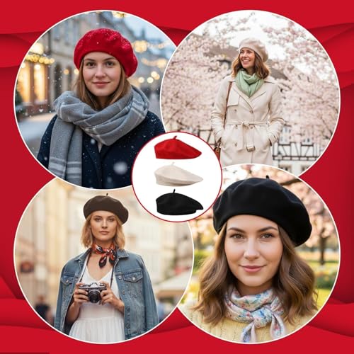 JazRvr 3 Stück Baskenmütze Klassisch Plain Französischer Stil, Baskenmütze Einfarbig, Flauschige Baskenmützen in Schwarz, Beige und Rot, Künstler Mütze Franzosen Mütze Barrett