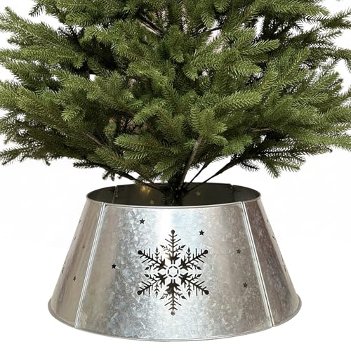 WKHOMEDECO 15.5" Galvanized Christmas Tree Collar, Snowflake Diecut Metal Christmas Tree Collars for Artificial Trees, Beautiful Tree Collar for Pencil Tree Decorates Your Home for The Holidays