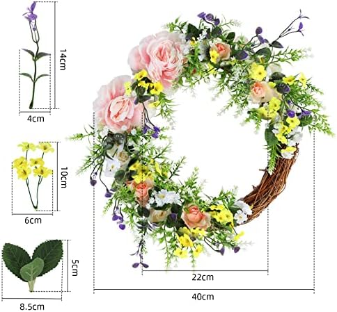 Artificial Peony Wreath Handmade Flower Wreath with Green Leaves Spring Grapevine Wreath Rose Wreaths Wall Hanging Pendant for Door Farmhouse Party Wedding Home Wall Hanging Decor (40CM)