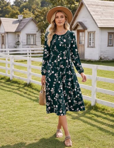 Image of Zeagoo Fall Dresses for Women Long Sleeve Midi Dress Casual A Line Dresses 2026 Pleated Flare Dress with Pockets