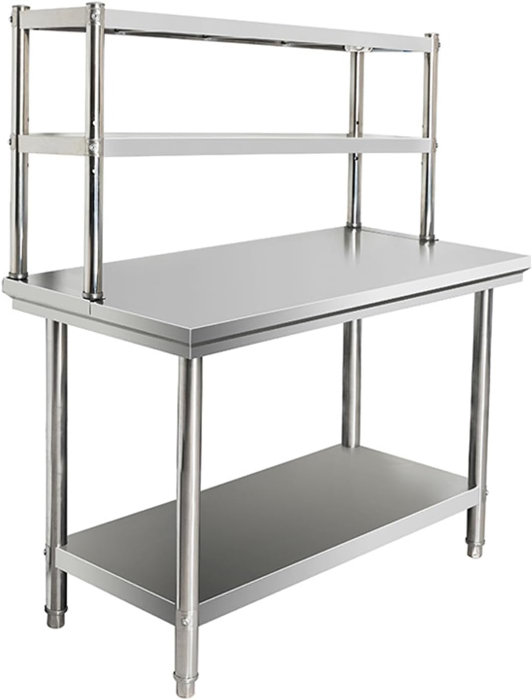 Heavy Duty Stainless Steel Prep Table with Double Tier Overshelf, Commercial Kitchen Workstation for Home, Restaurant & Hotel, 90x60x80cm - Silver
