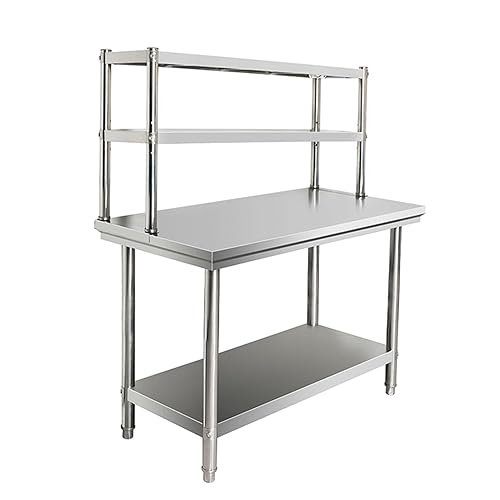 Heavy Duty Stainless Steel Prep Table with Double Tier Overshelf, Commercial Workstation for Kitchen, Restaurant & Home Use, Durable 47.2"x19.7"x31.5" Silver