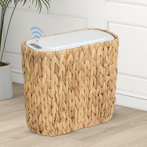 Image of Trongee Boho Kitchen Trash Can with Lid,3.5 Gallon Automatic Small Rattan Trash Can,Slim Wicker Motion Sensor Garbage Can and Hamper 2 in 1 for Bathroom,Narrow Waste Basket for Office, Living Room