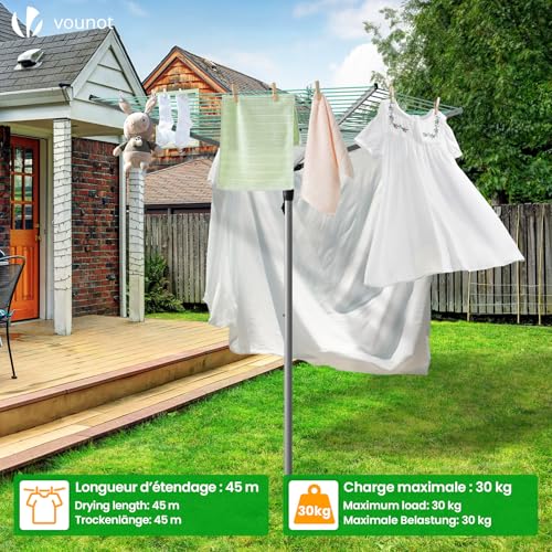 Miniatura 2 de Vounot Tendedero Giratorio 45m De Cuerda Secadora De Ropa Rotativa Para Exteriores 4 Brazos Sistema Tipo Paraguas Línea De Lavado Plegable Con Funda Y Estaca Para Jardín Al Aire Libre Plateado Verde