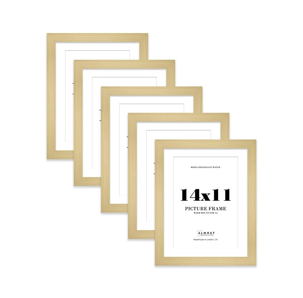 14x11 Gold Frame With Mount for A4 Pictures 28mm Edge Portrait and Landscape Display with Wall Hooks and Kickstand, 5 Pack