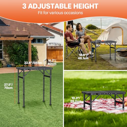 FUNYKICH Folding Grill Table for Outside, 3 Height Adjustable Portable Camping Tables, Lightweight Metal Aluminum Outdoor Table with Portable Handle for Camping, Picnic, BBQ, 23\'\'x16\'\', Black
