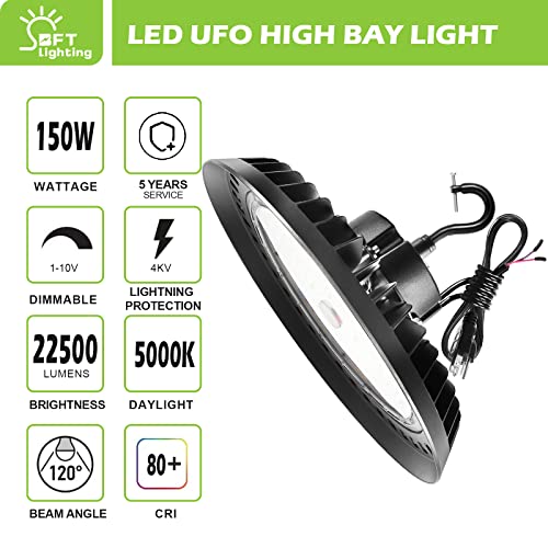 Bft Led High Bay Light 150W 1-10V Dimmable 22,500Lm 5000K Ufo Hihg Bay Led Lighting Fixture 5' Cable With Us Plug,Ac100-277V,Commercial Warehouse Shop Garage Barn Light #TOP1