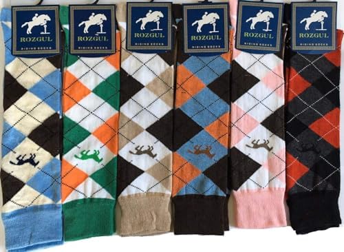 6 Pairs Women's/Ladies knee High Horse Design Argyle Rich Cotton Equestrian Riding Boot Socks,Uk Size 4-7