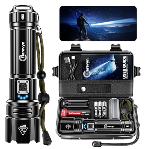 Flarevyn Hochleistungs-LED-Taschenlampen - 1000000 Lumen wiederaufladbar, 5000 mAh Akku, IP67 wasserdicht, 5 Modi, tragbare leistungsstarke Taschenlampen, für Camping/Wandern/im Freien/Notfälle