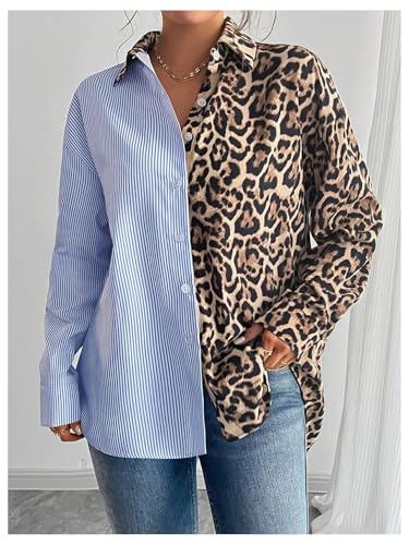 Women's Colorblock Striped Leopard Shirt Button Down Cheetah Shirt Long Sleeve Drop Shoulder Blouse4